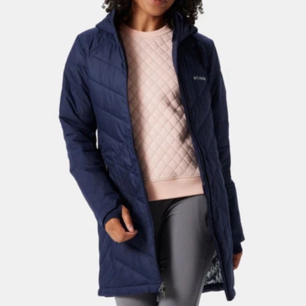 Columbia Heavenly Omni Heat Quilted Long Puffer Jacket Small Navy blue Hooded